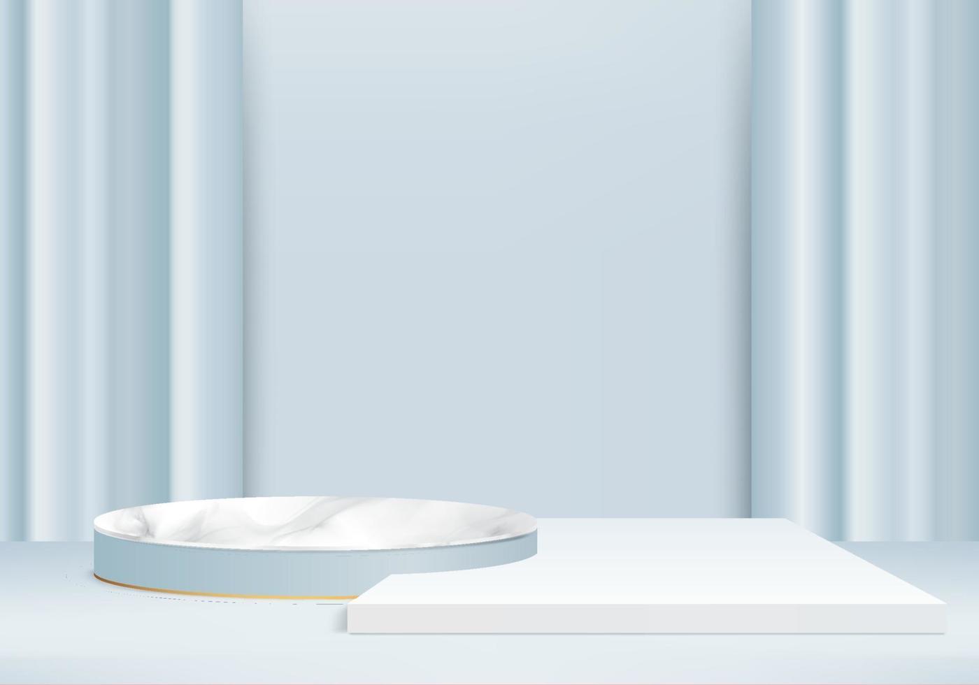Los productos de fondo de piedra de mármol 3D muestran la escena del podio con la plataforma geométrica Representación 3d del vector con el soporte del podio para mostrar productos cosméticos Escaparate del escenario en la pantalla del pedestal Estudio azul