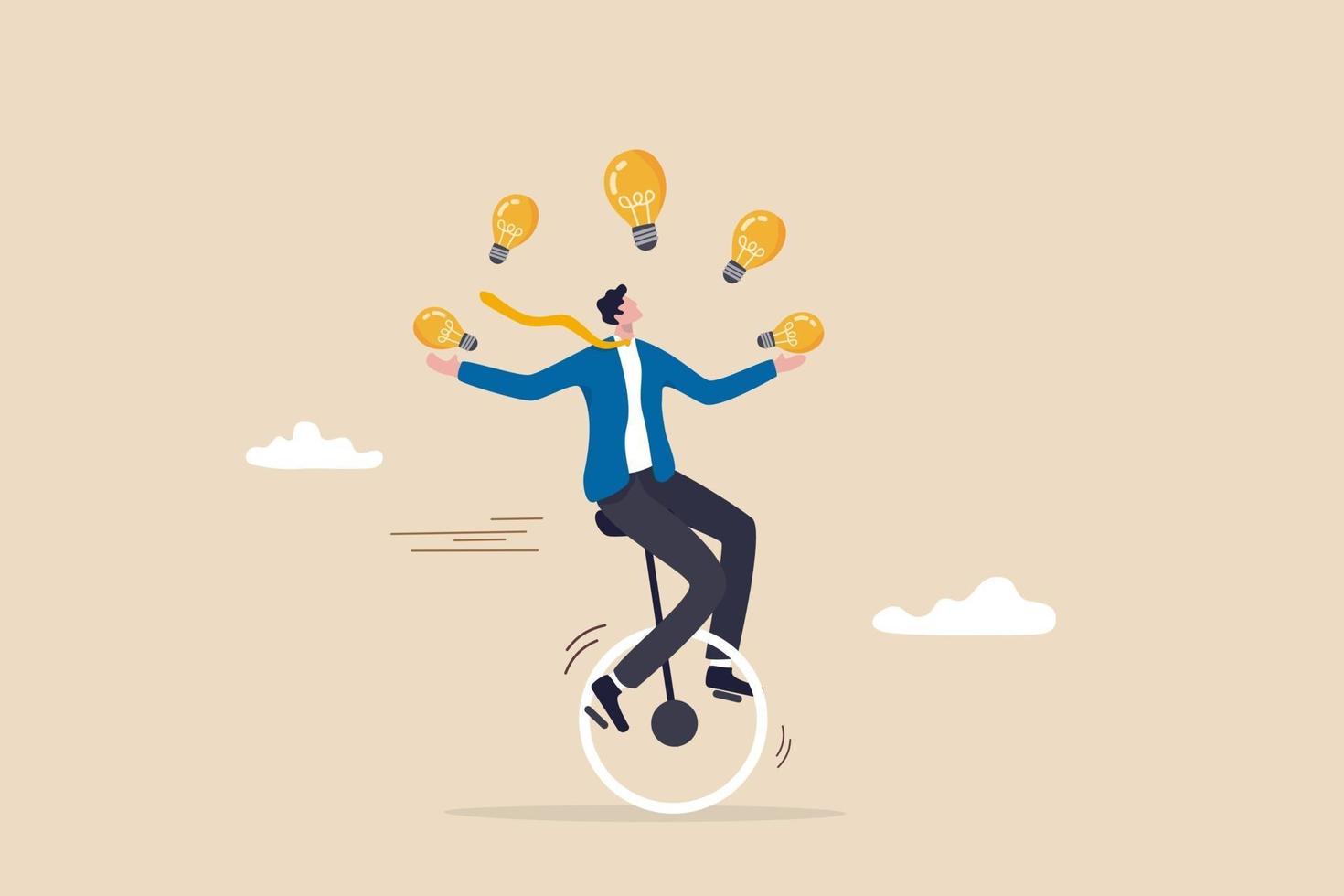 Creativity and ideas innovation or skill to success in business skillful businessman riding unicycle juggling lightbulb lamp metaphor of plenty ideas vector