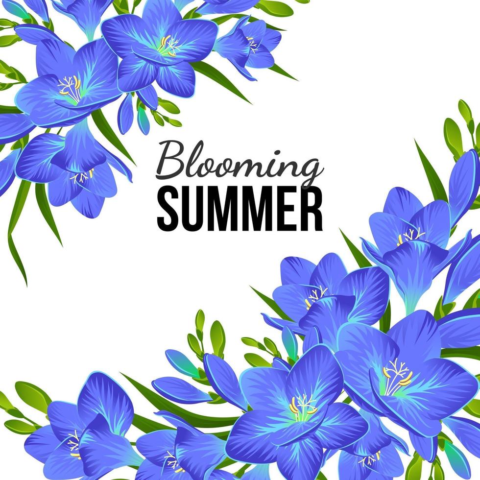 Banner blanco con flores azules en las esquinas. vector