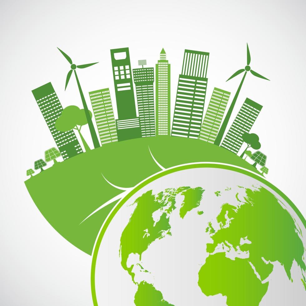 Ecology and Environmental Concept Earth Symbol With Green Leaves Around Cities Help The World With Eco Friendly Ideas vector