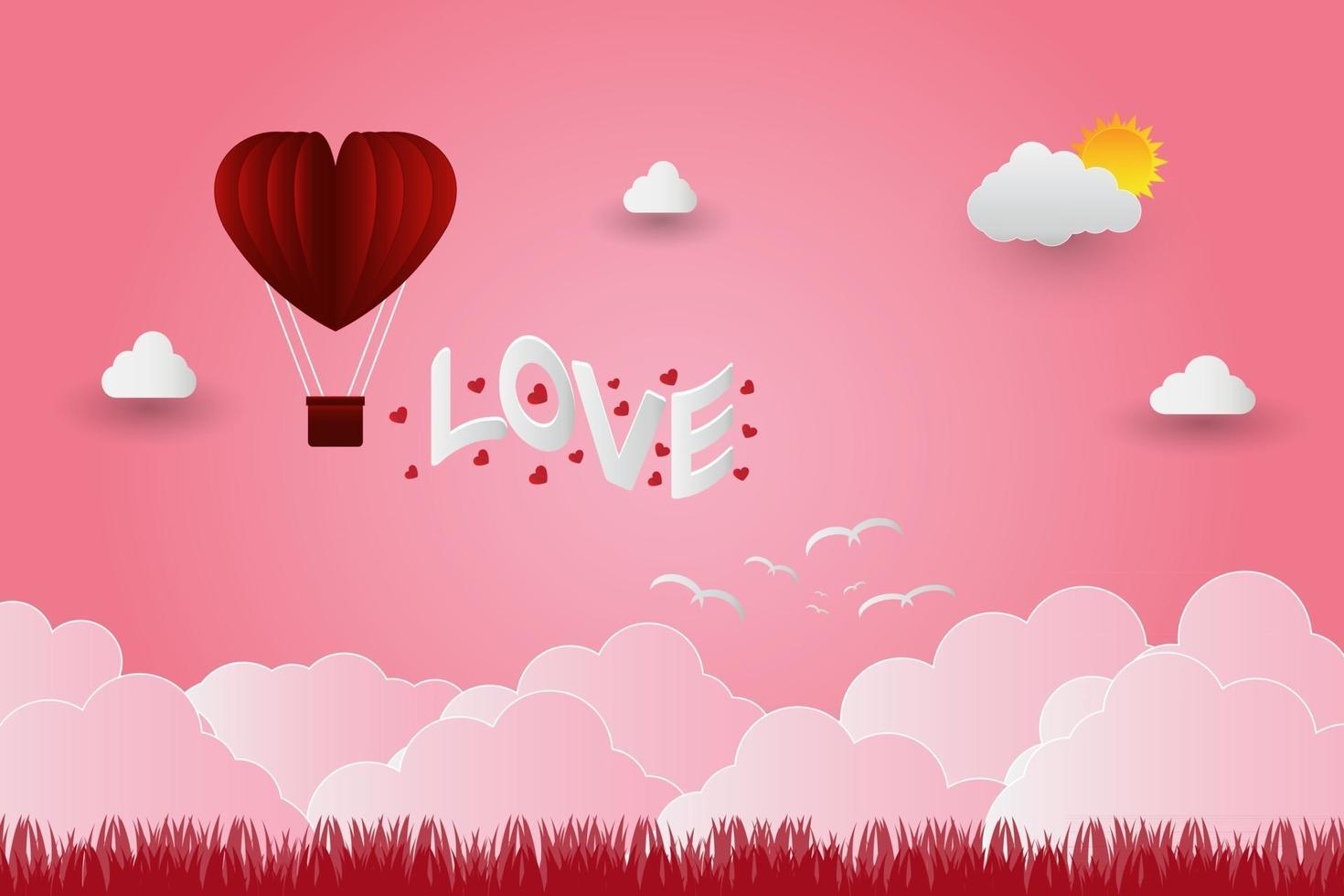 Valentines day balloons in a heart shaped flying over grass view background paper art style vector