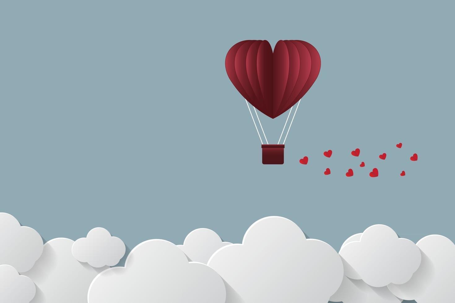 Valentine day balloons in a heart shaped flying over grass view background paper art style vector