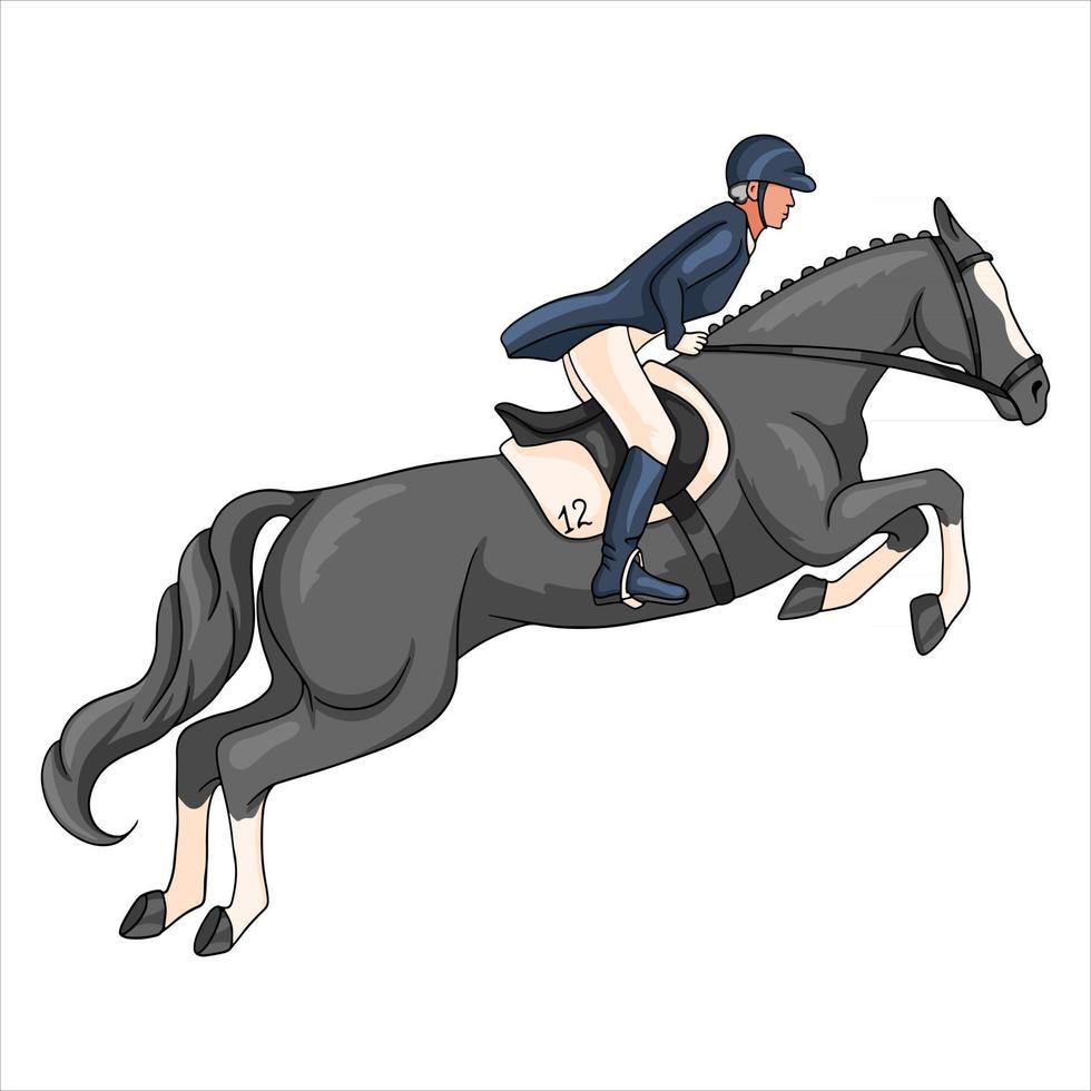 mujer de equitación montando a caballo saltando estilo de dibujos animados vector