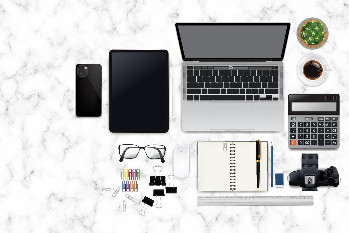 Realistic workspace elements workplace on desk top view Modern Technology working Place on marble texture desktop cup of coffee smartphone monitor writting item vector graphic on marble white