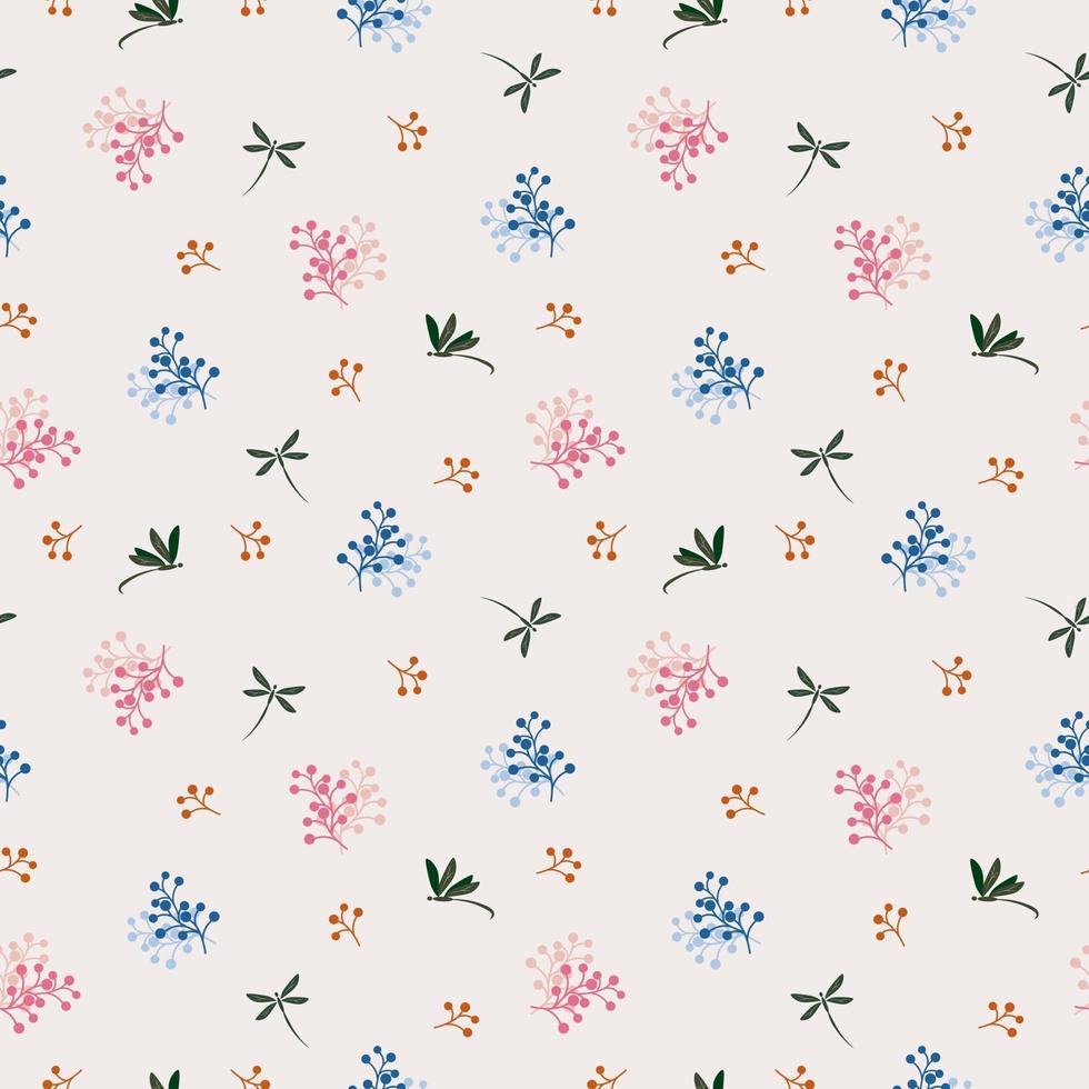 Wild flower with dragonfly seamless pattern on blue and pink mood vector