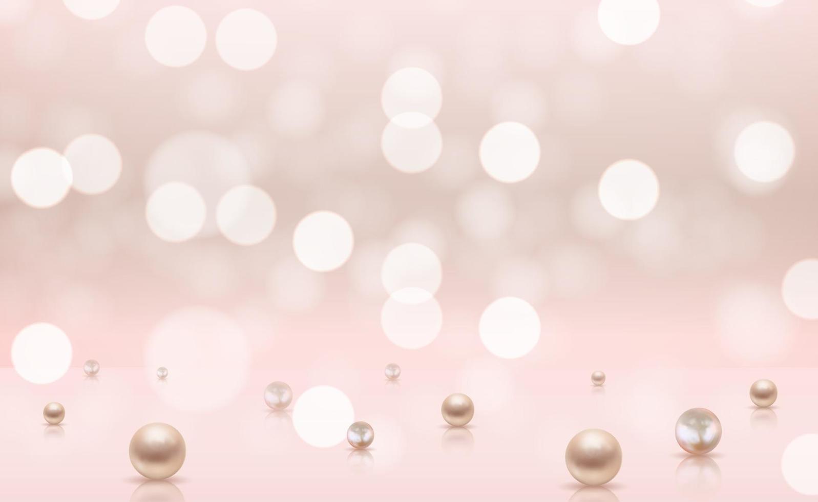 Glossy abstract bokeh lights background with realistic pearls vector