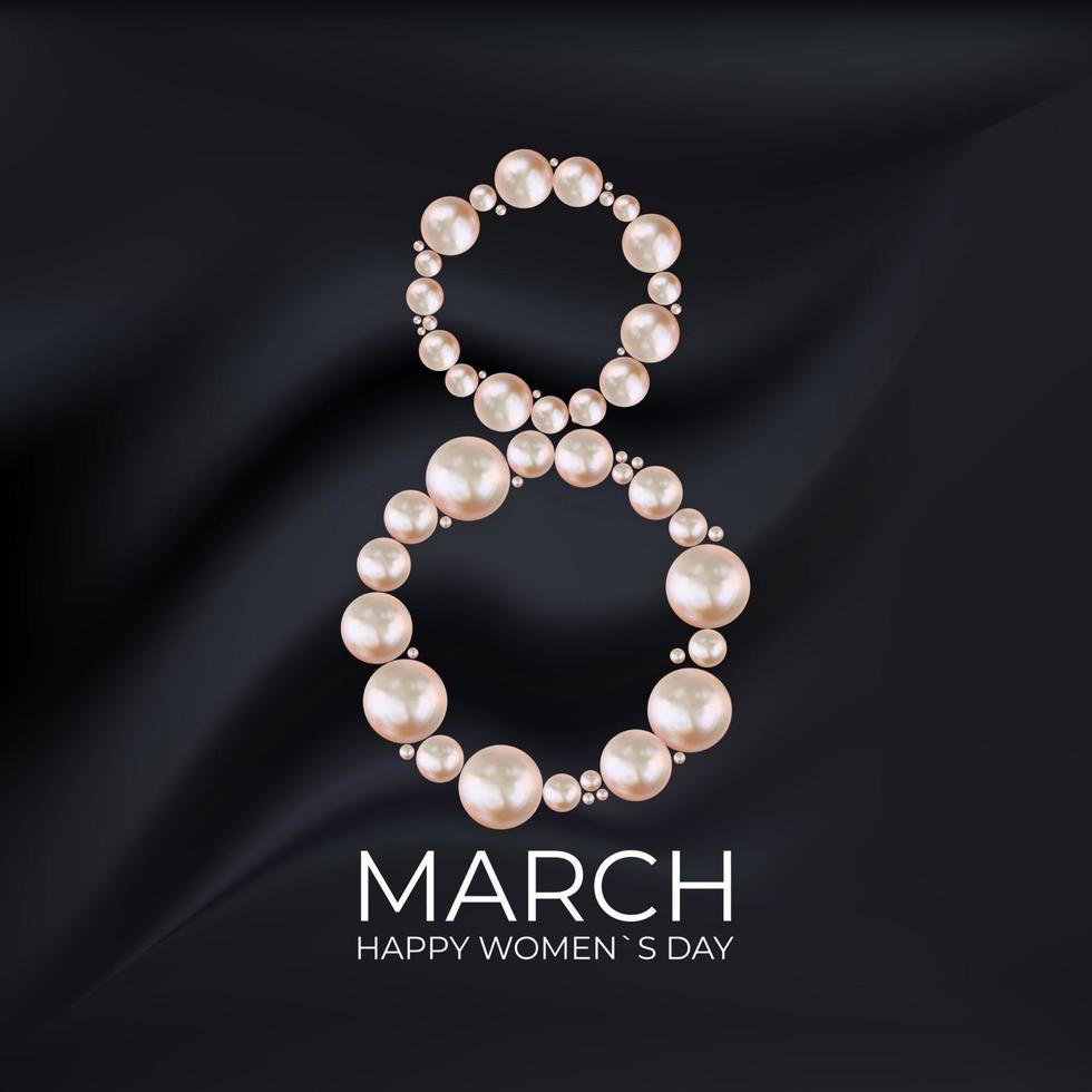 Fondo de tarjeta de felicitación del día de la mujer feliz 8 de marzo con perlas realistas vector