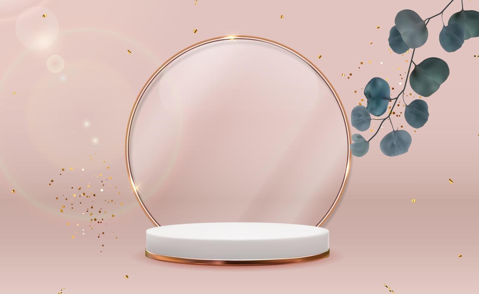Realistic 3d gold pedestal with eucalyptus leaves over pastel natural background vector