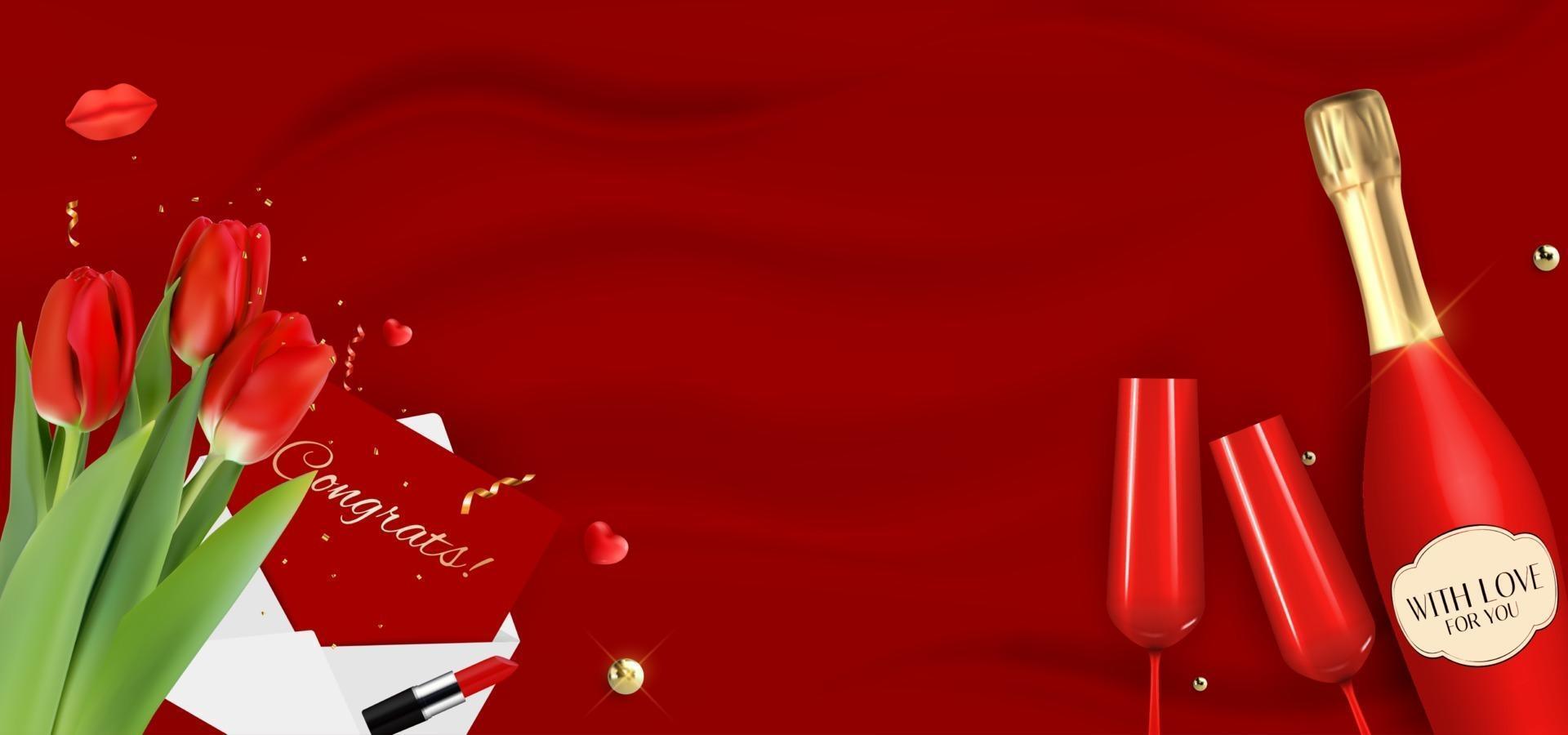 Realistic 3D champagne Red Bottle and Glasses and Tulips on golden silk background vector