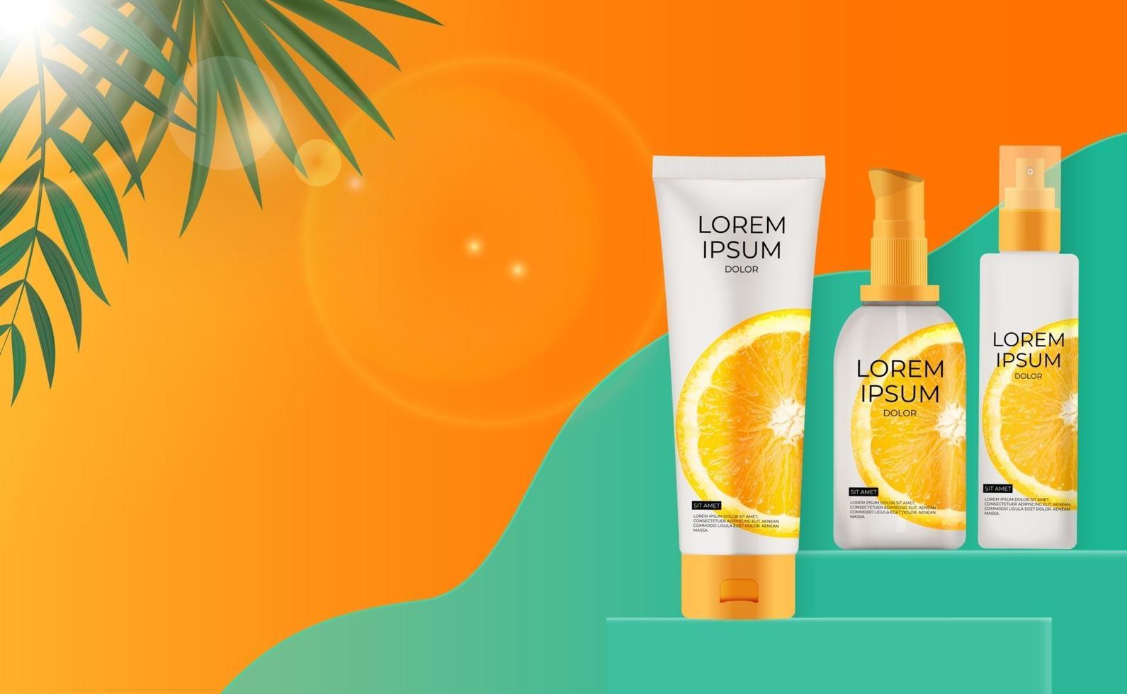 3D Realistic sun Protection Cream Bottle Modern Background with palm leaves and orange vector