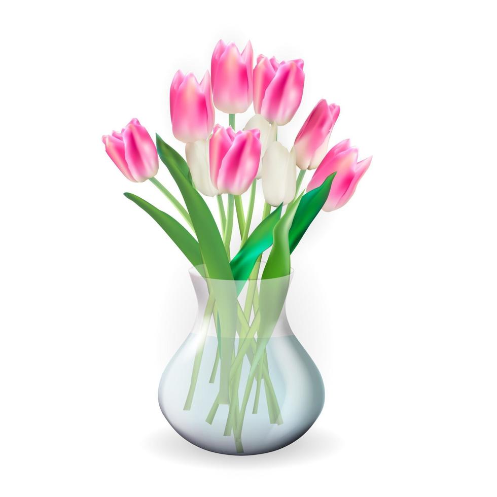 Jarrón transparente de cristal 3d realista con flor de tulipanes vector