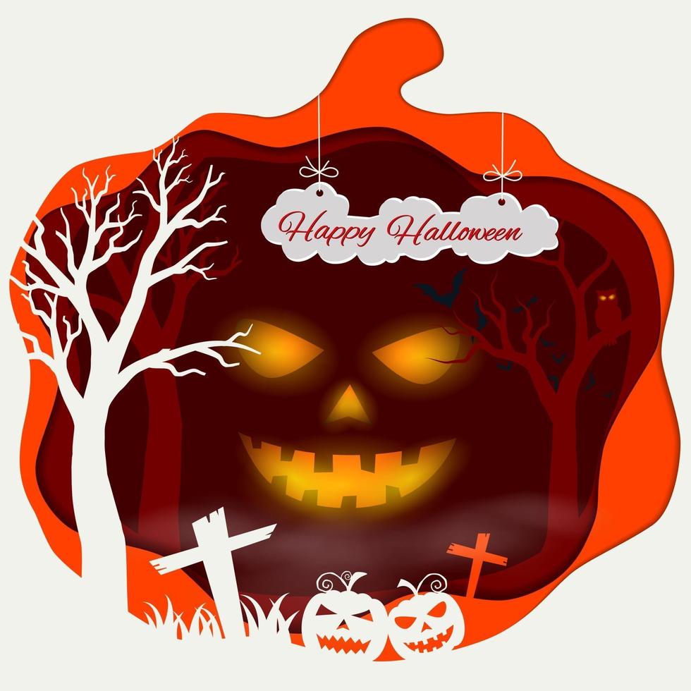 Happy Halloween with scary pumpkins on paper art background vector