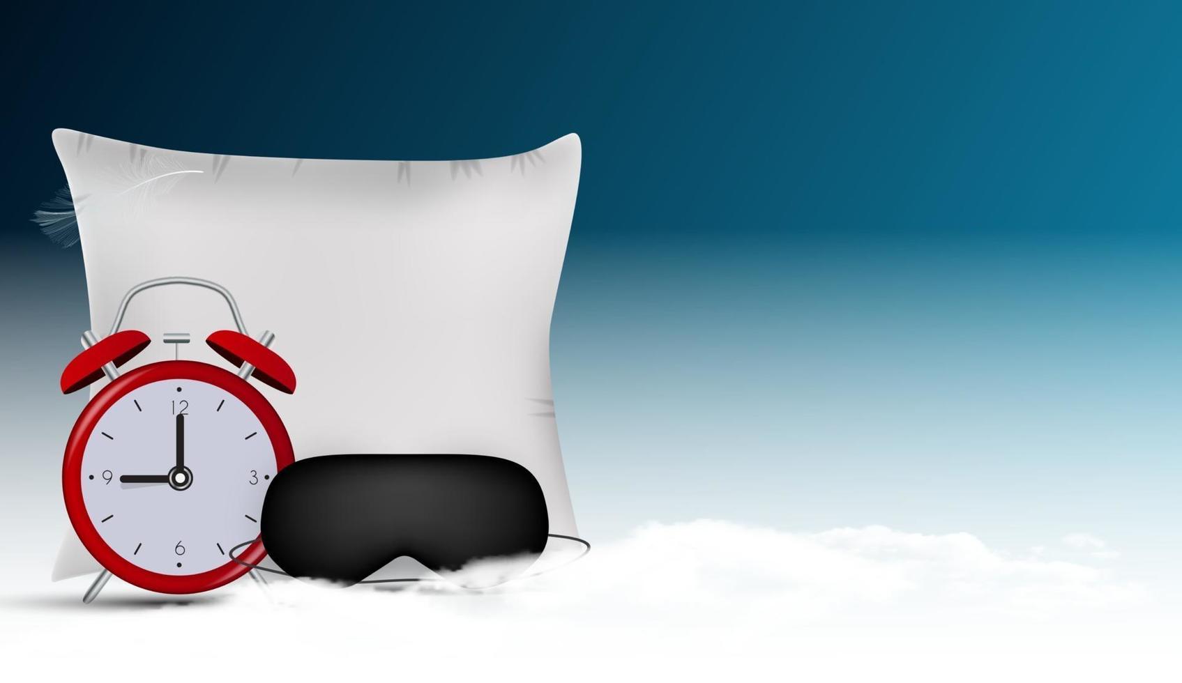 Good Night Abstract Background with Funny Sleeping Mask and alarm clock and pillow againstblue sky vector