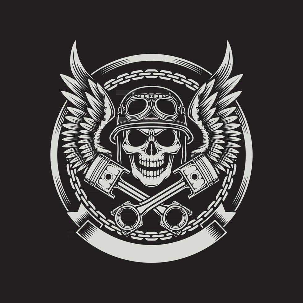 Vintage Biker Skull with Wings and Pistons Emblem On Black vector