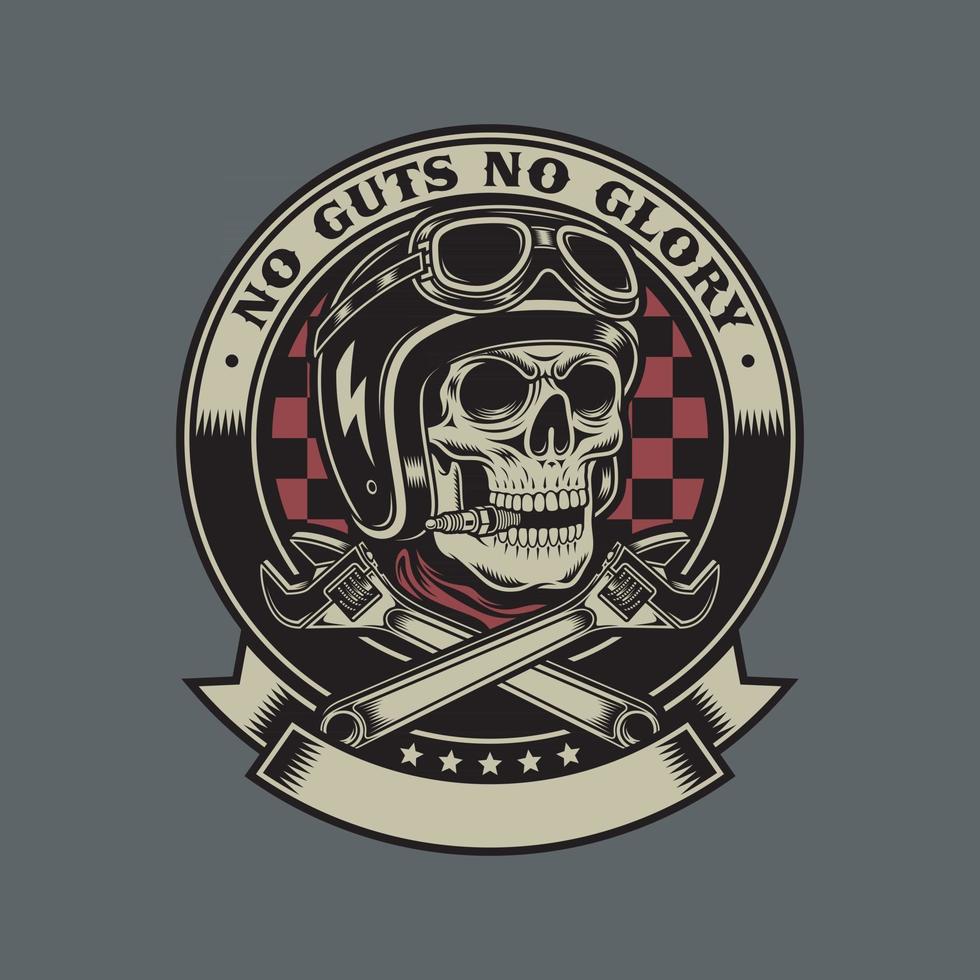 Cráneo de motociclista vintage con emblema de llaves cruzadas vector