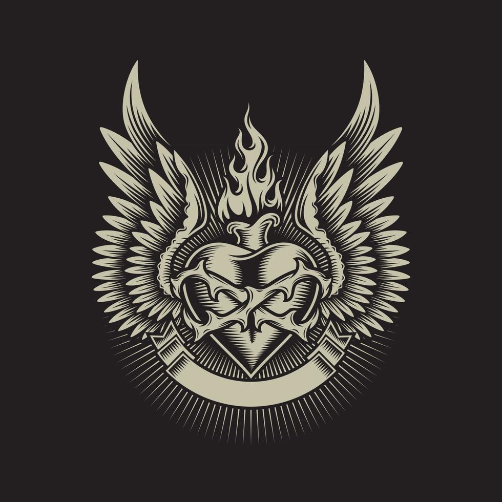 Winged Burning Heart With Thorns and Ribbon vector