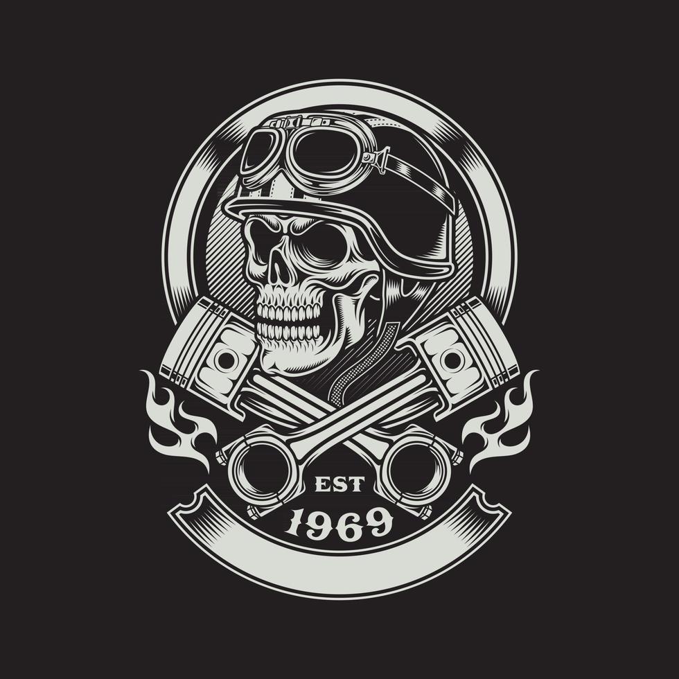 Vintage Biker Skull with Crossed Piston Emblem vector