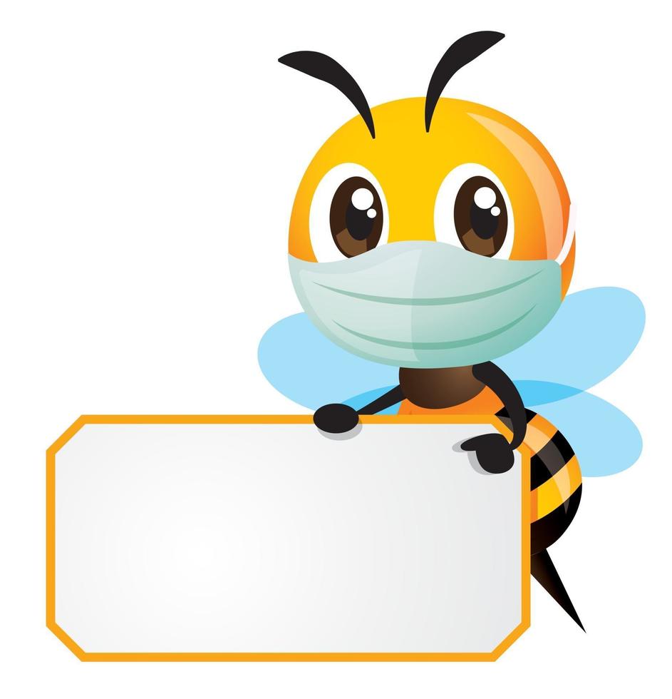 Cartoon cute bee with protective face mask pointing to yellow border with signboard vector