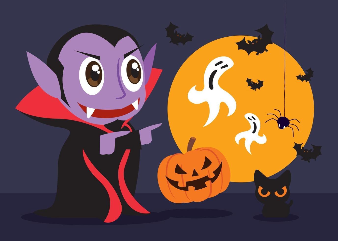 pequeño y lindo vampiro drácula celebra la fiesta de halloween con amigos  gato y calabaza 2717008 Vector en Vecteezy
