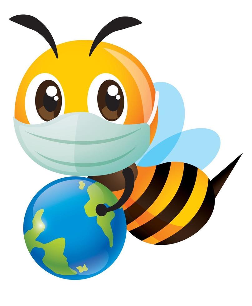 Cartoon cute bee with face mask carrying a globe for global awareness vector