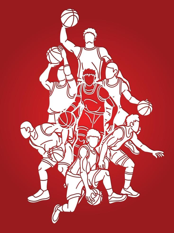 silueta, baloncesto, equipo, caricatura, gráfico vector