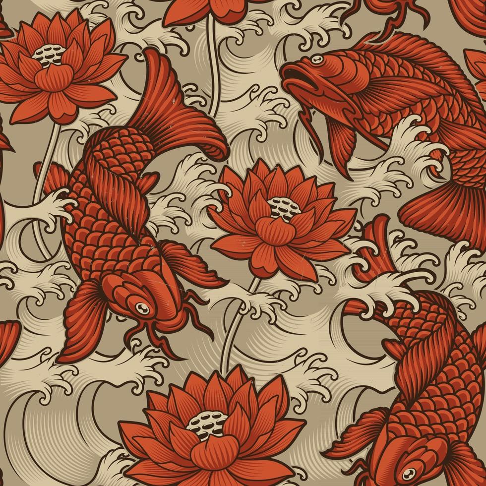 Japanese seamless background with koi and waves vector