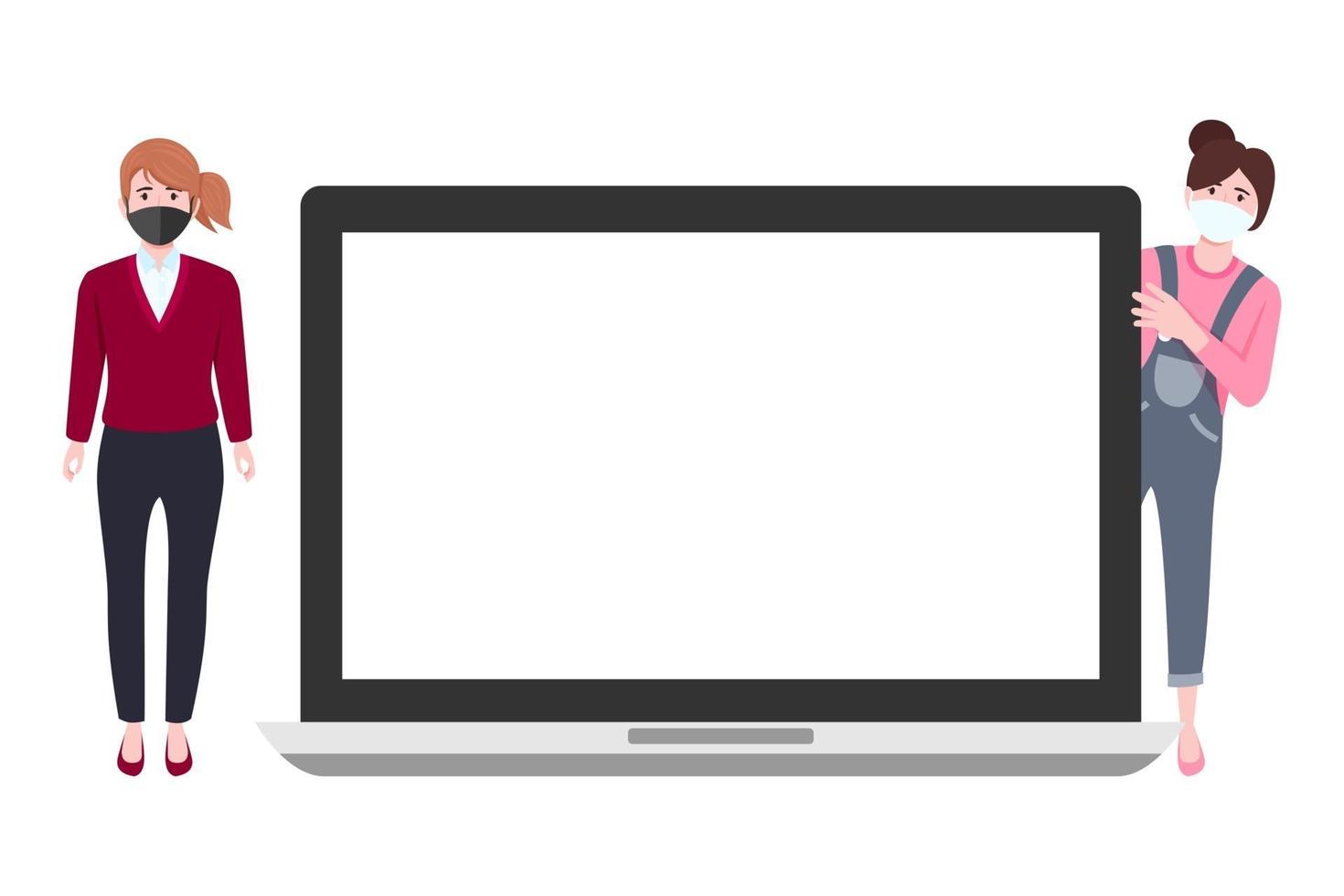 Young beautiful businesswoman characters wearing business outfit standing behind blank laptop screen and pointing waving isolated vector