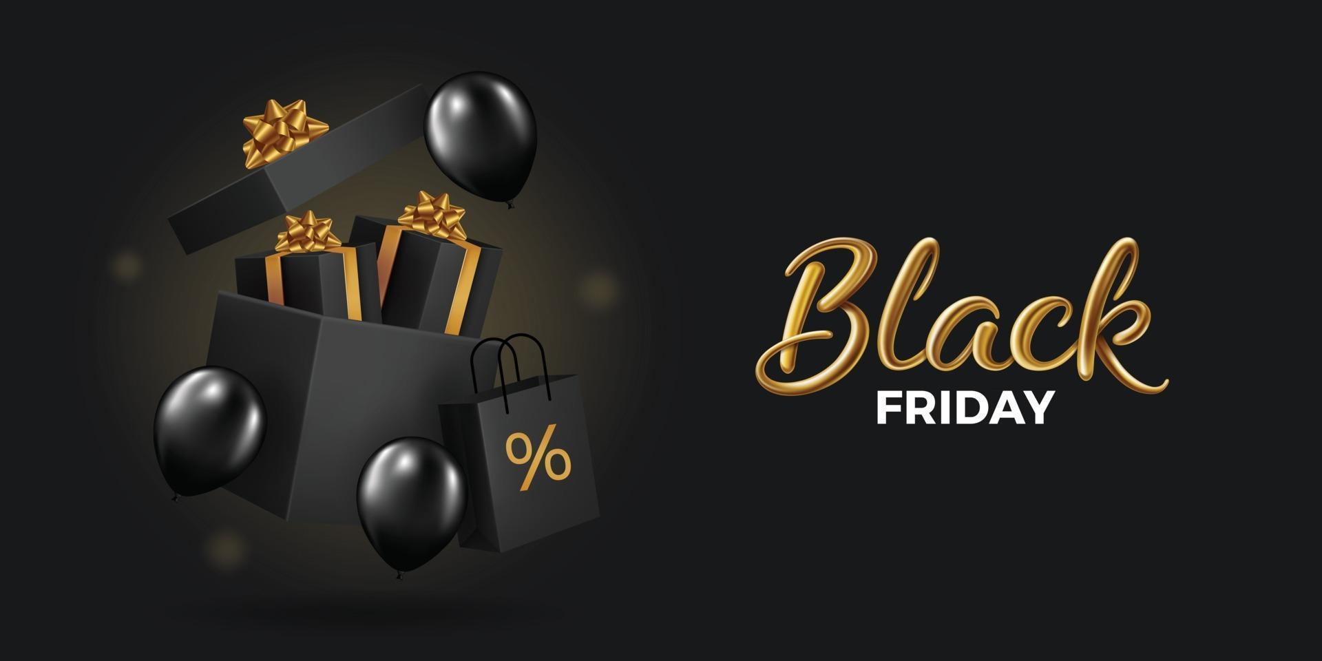 Black Friday Super Sale Realistic black gifts and balloons boxes background vector