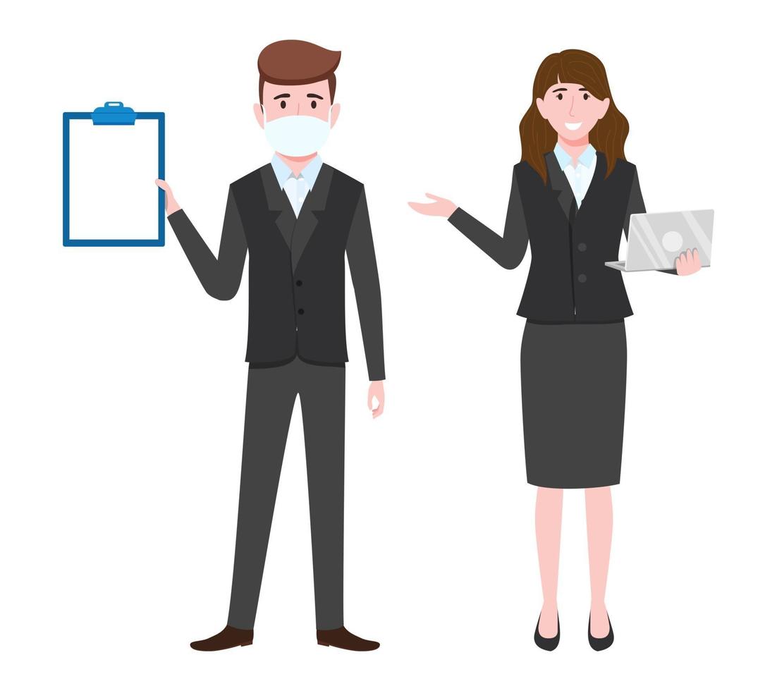 Young beautiful businessman and businesswoman character wearing business outfit facial fabric mask standing with laptop clipboard vector