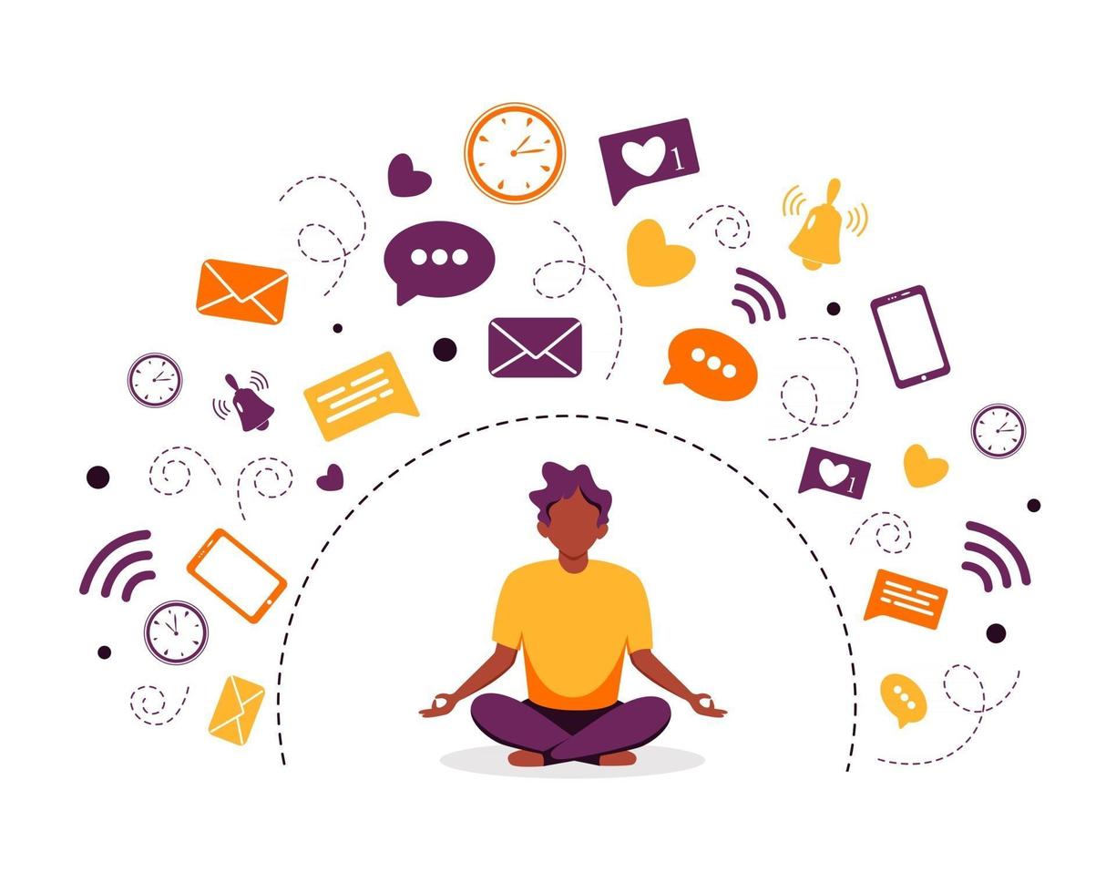 Digital detox and meditation Black man meditating in lotus pose vector