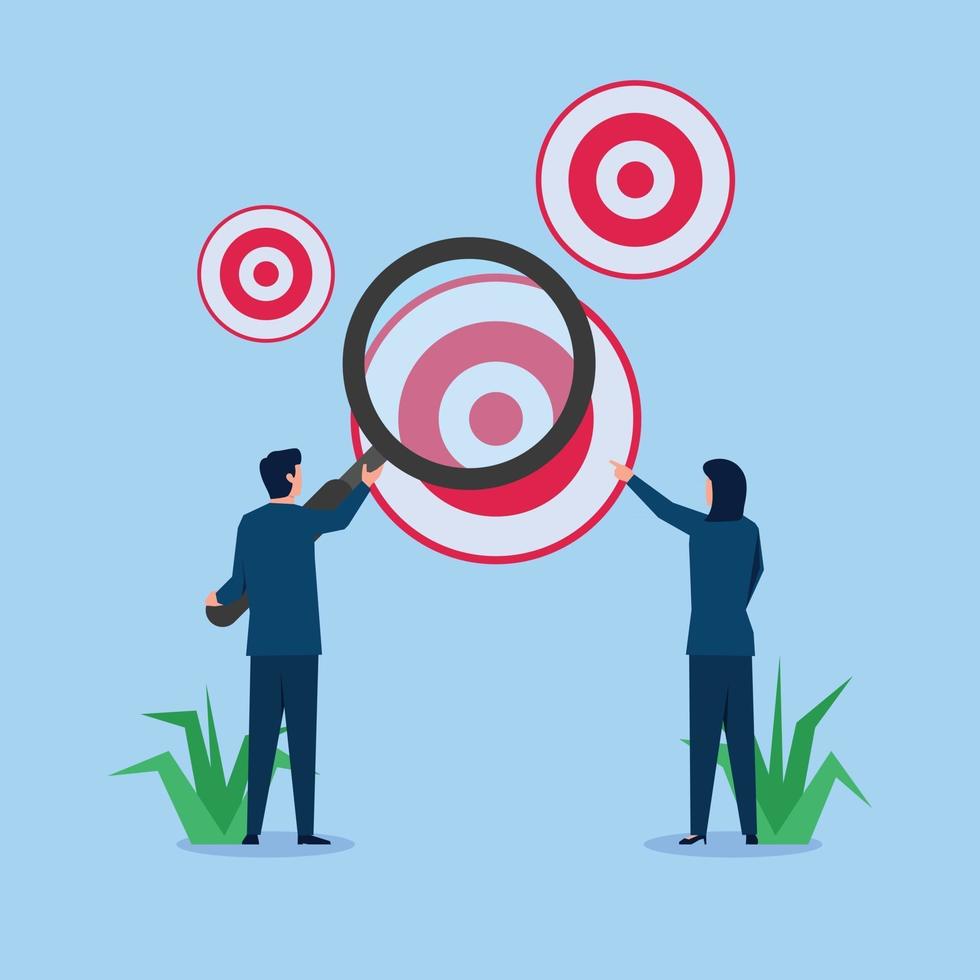 Business man and woman magnifying on biggest target vector