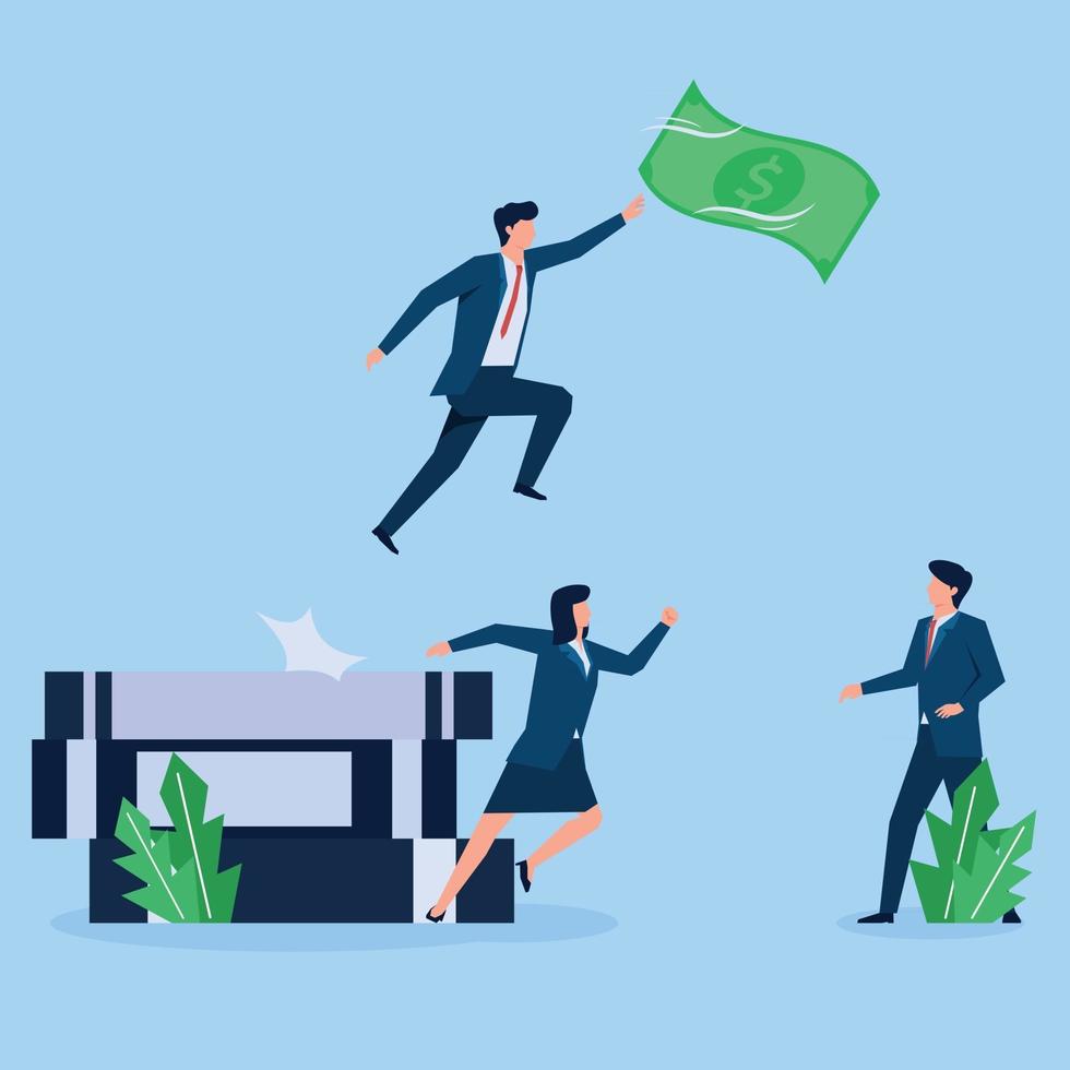 Business people run to catch money while one man jump from books vector