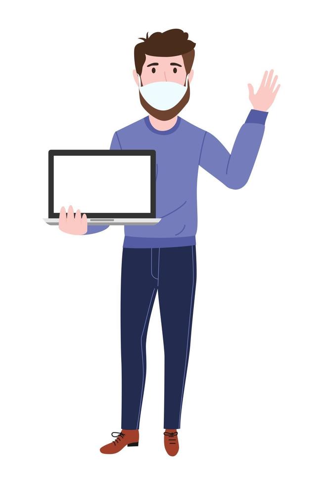 Young beautiful businessman a character wearing business outfit facial fabric mask standing and holding blank laptop screen and waving vector