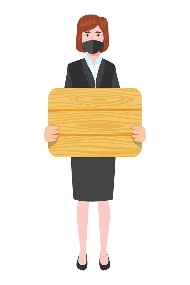 Young beautiful businesswoman a character wearing business outfit standing and holding blank different shape wooden placard vector