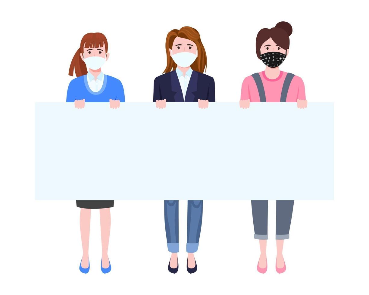 Young businesswoman character team wearing business outfit fabric mask holding blank board placard together isolated vector