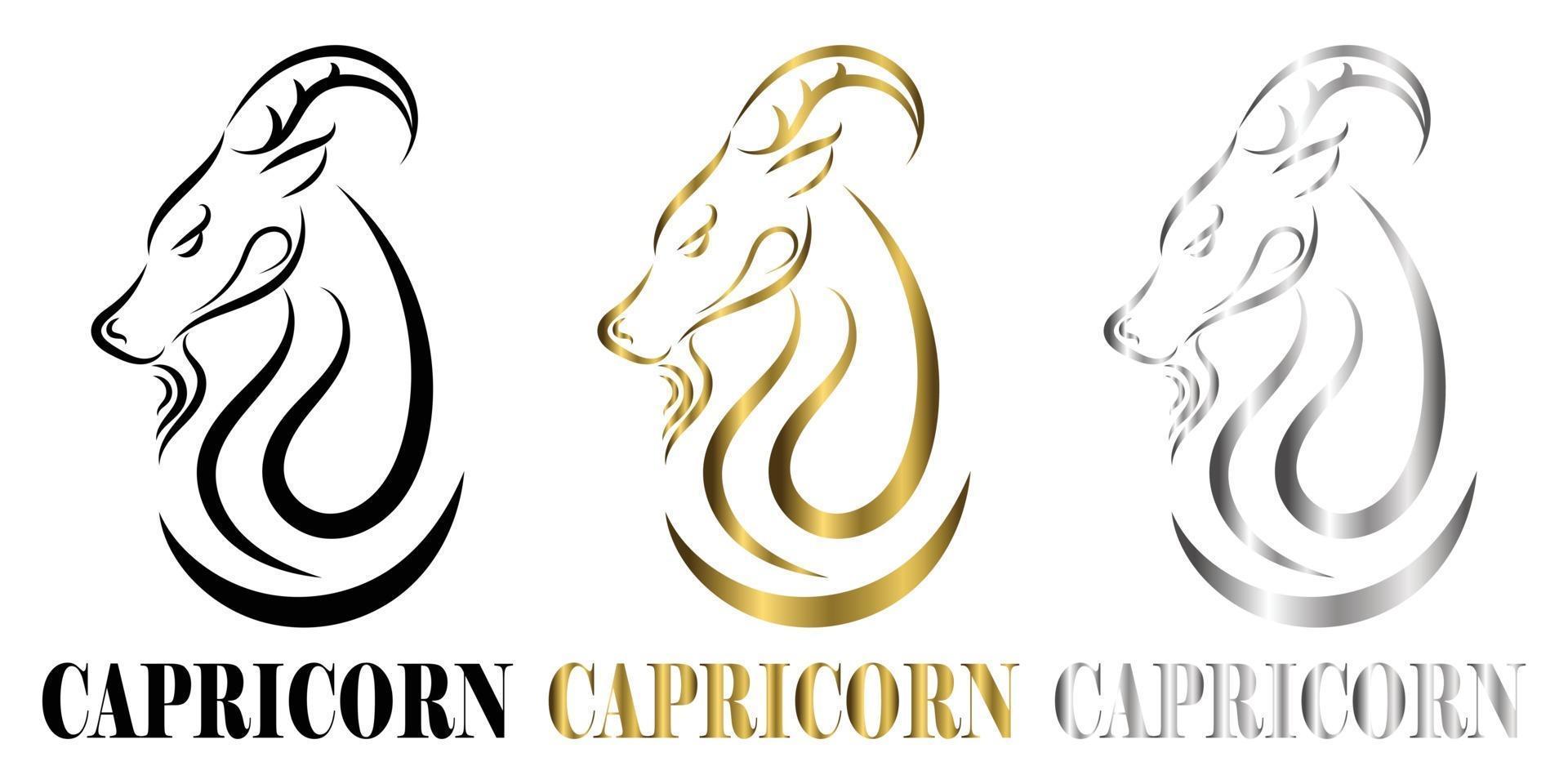 line vector logo of goat head It is sign of capricorn zodiac three art there are three color black gold silver