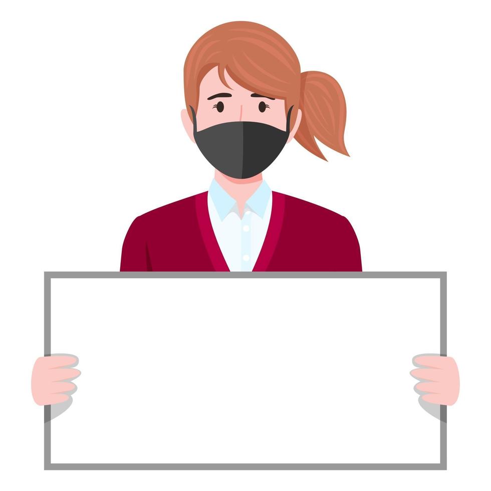 Personaje de joven empresaria vistiendo traje de negocios máscara de tela sosteniendo un cartel en blanco vector