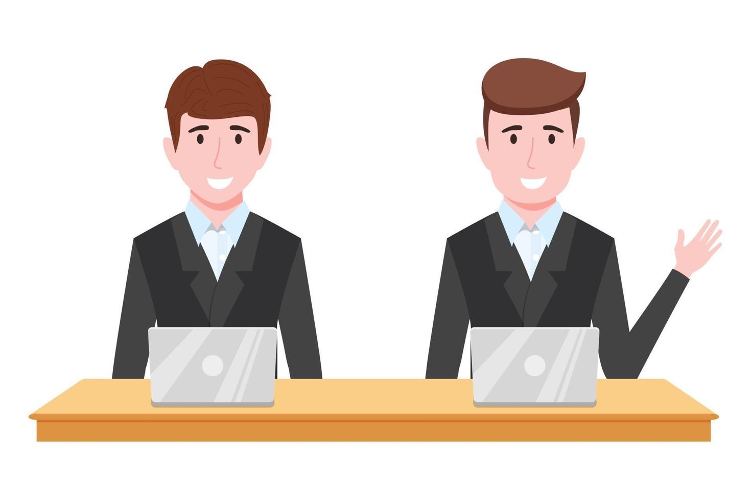 Young beautiful businessman a characters wearing business outfit setting on desk with laptop and waving vector