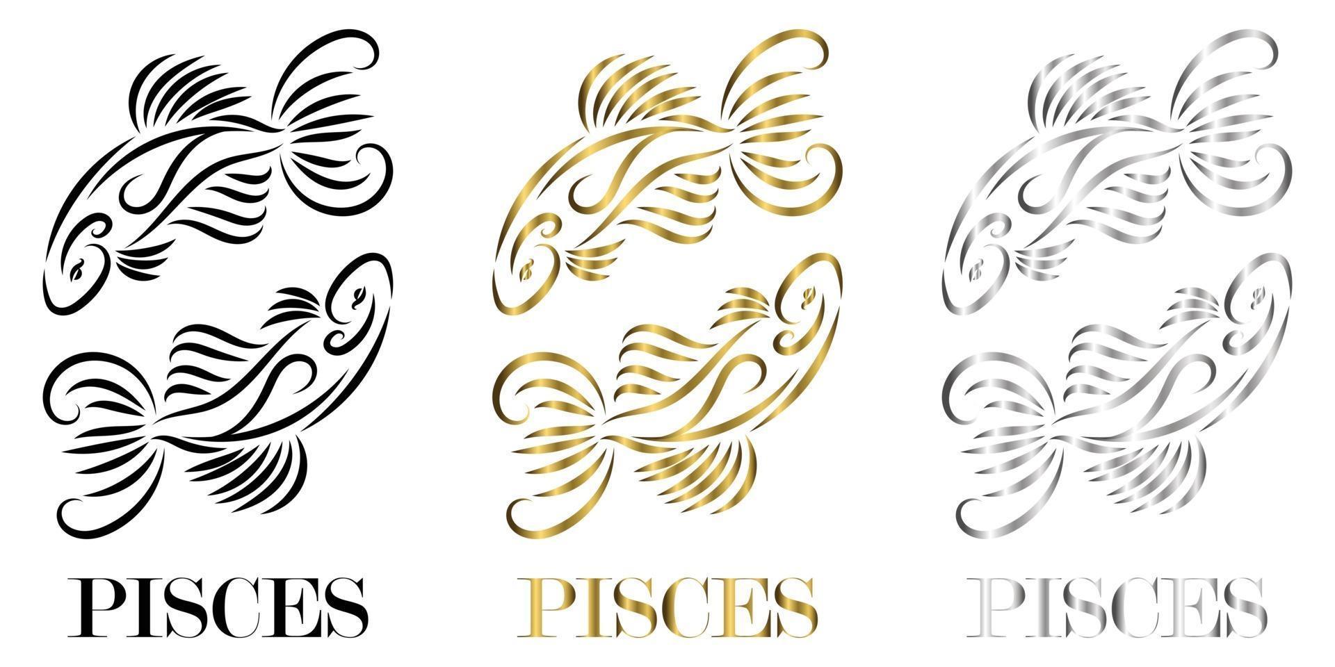 línea vector logo de dos peces es signo del zodíaco piscis hay tres colores negro oro plata