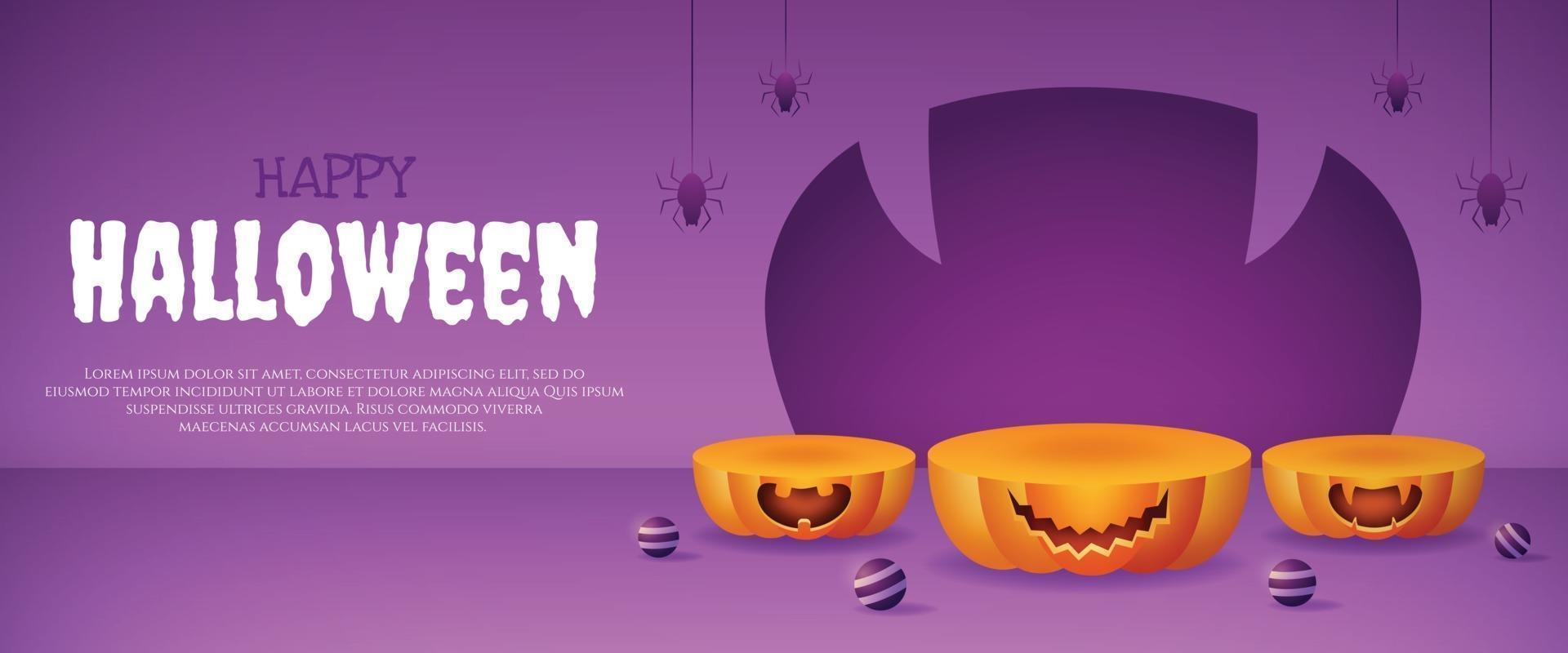 3d product display pumpkin podium with purple ball and spider vector