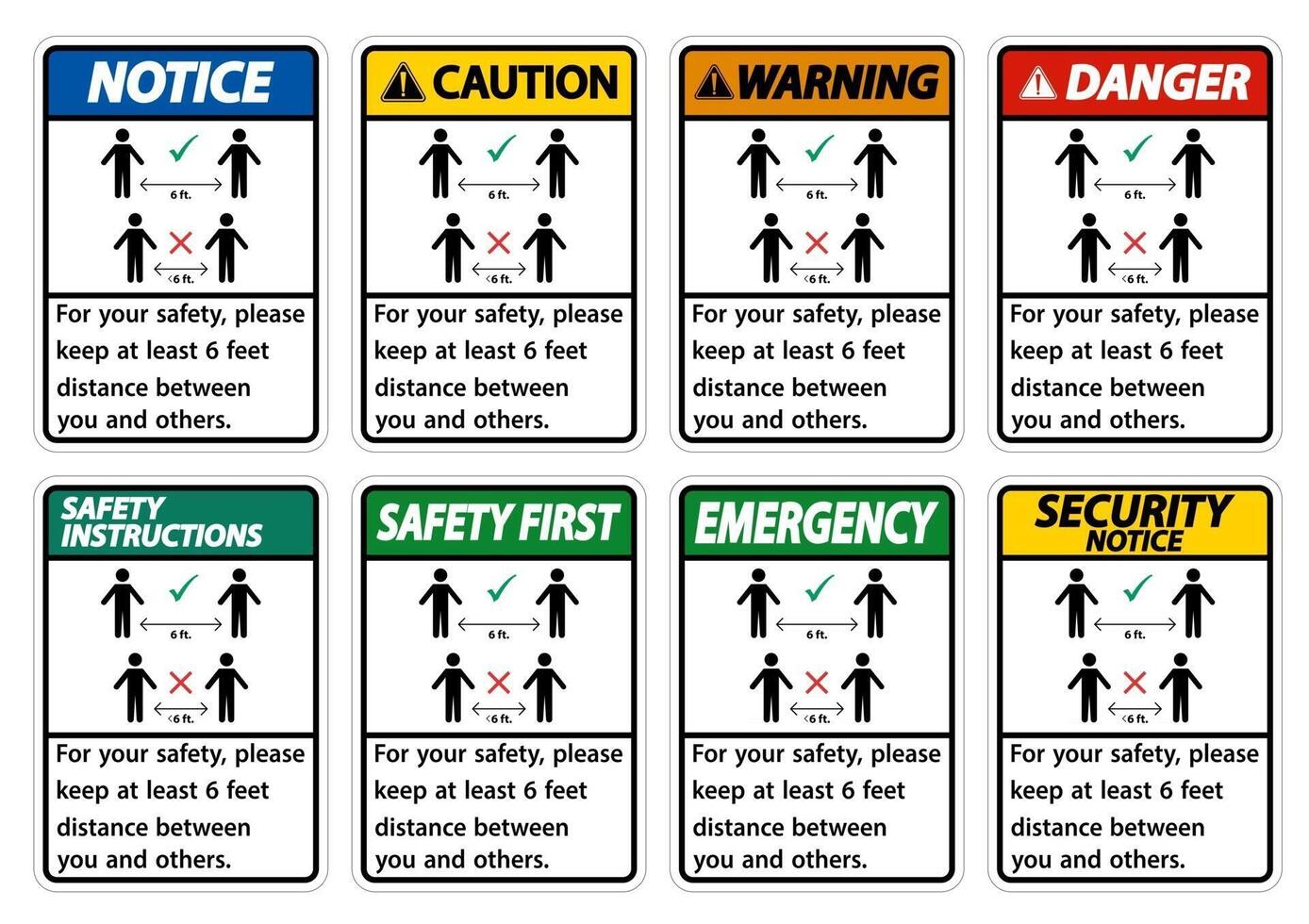 Mantenga una distancia de 6 pies por su seguridad, por favor mantenga una distancia de al menos 6 pies entre usted y los demás. vector