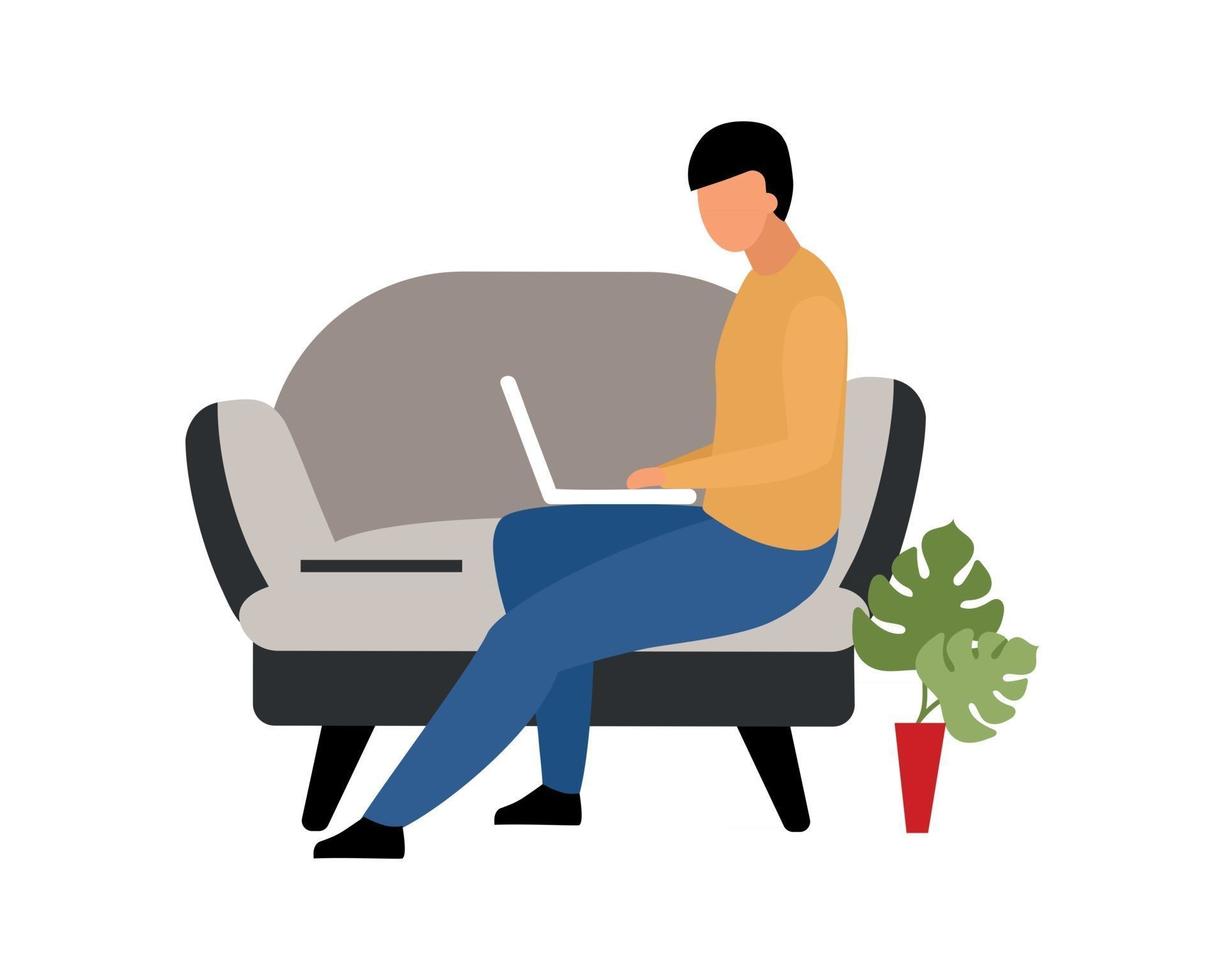 Man working remotely at home flat color vector faceless character