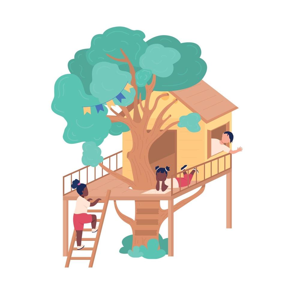 Hanging out with friends in tree fort flat color vector illustration