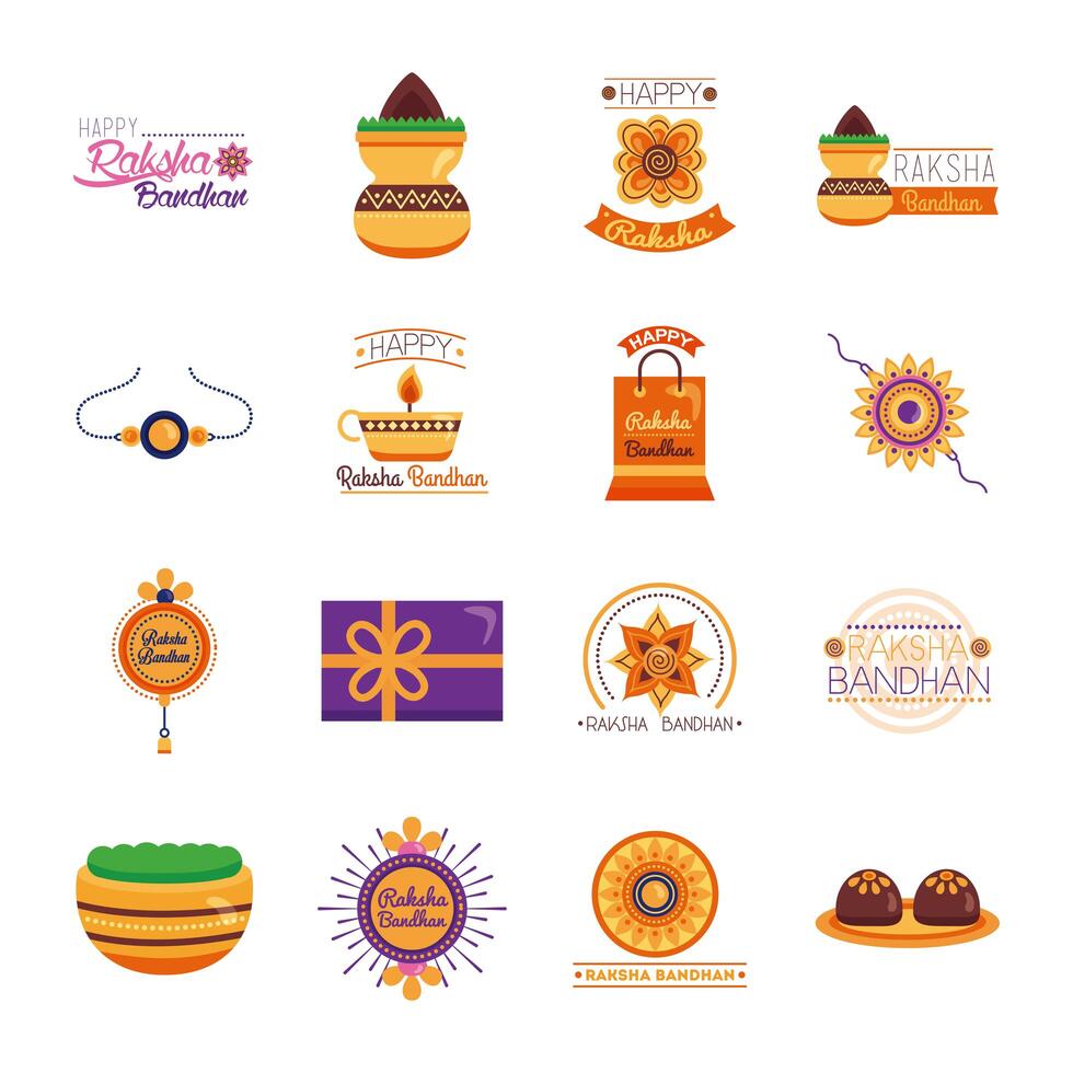 bundle of happy raksha bandhan celebration set icons vector