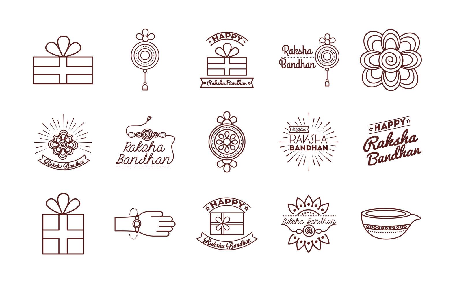 bundle of happy raksha bandhan celebration set icons vector