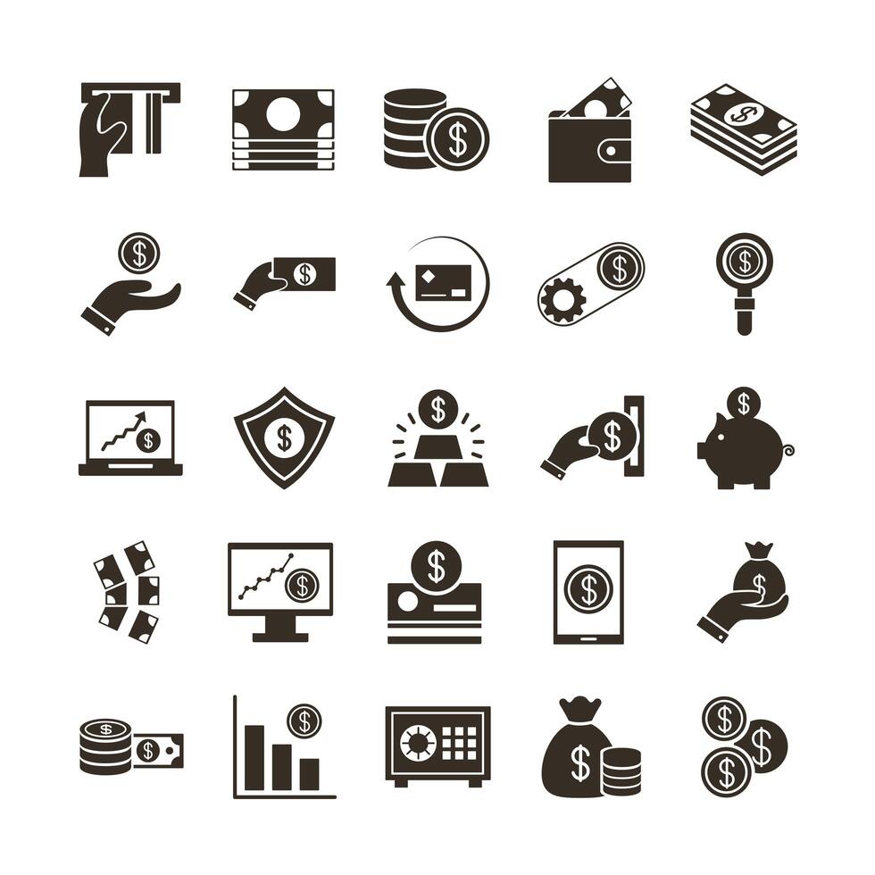 bundle of money currency set icons vector