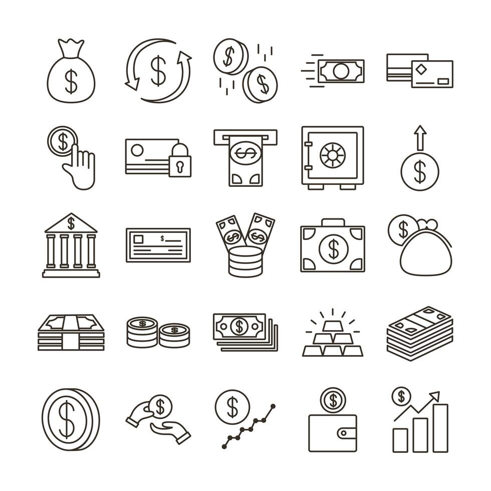 bundle of money currency set icons vector