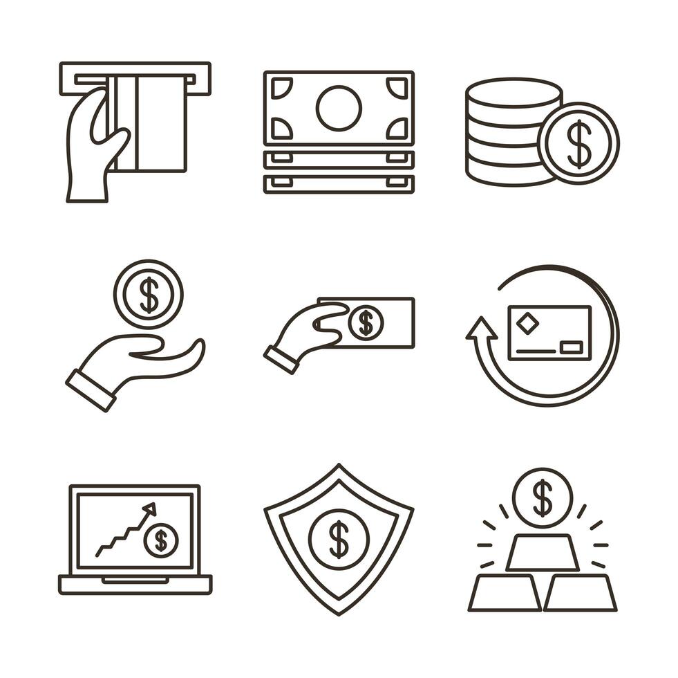 bundle of money currency set icons vector