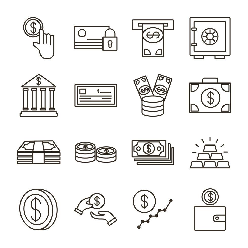 bundle of money currency set icons vector