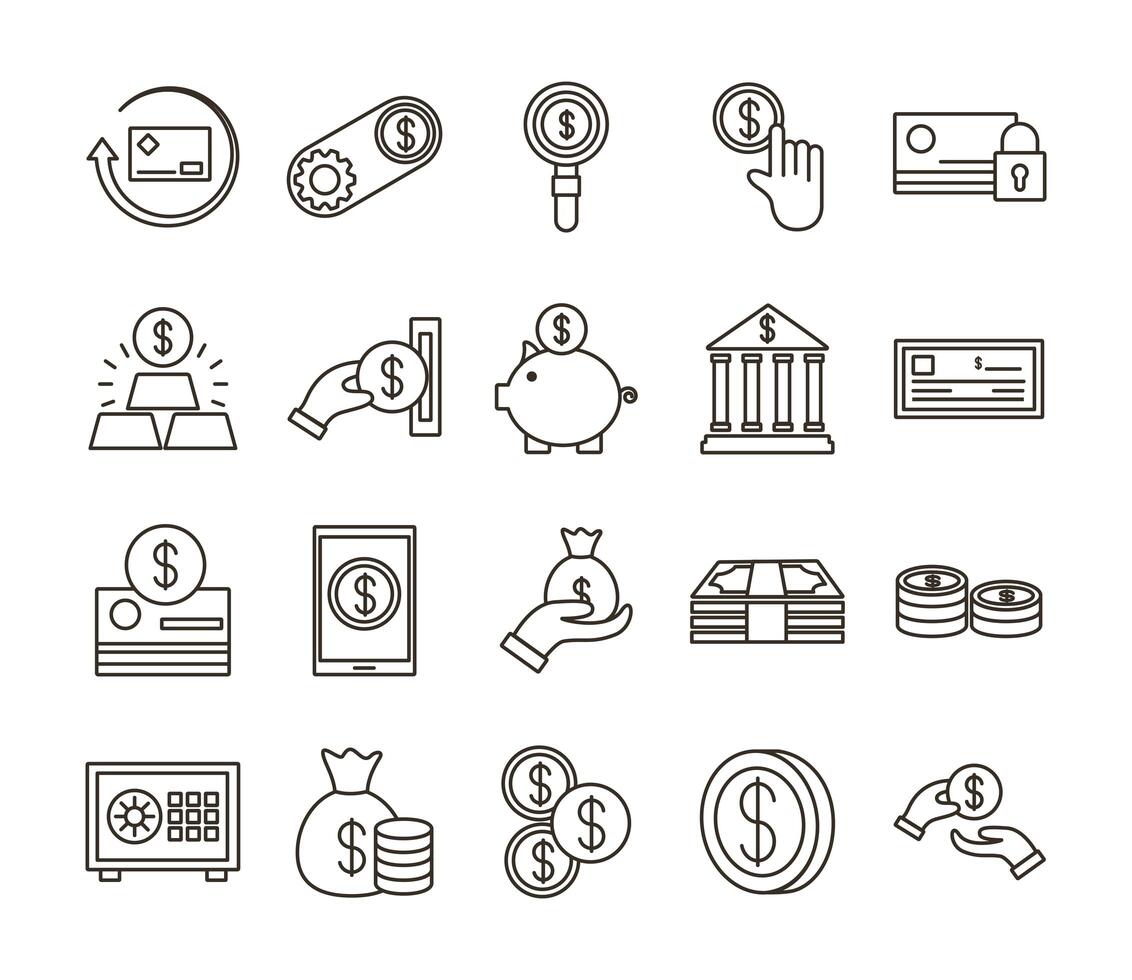 Paquete de iconos de conjunto de moneda de dinero vector